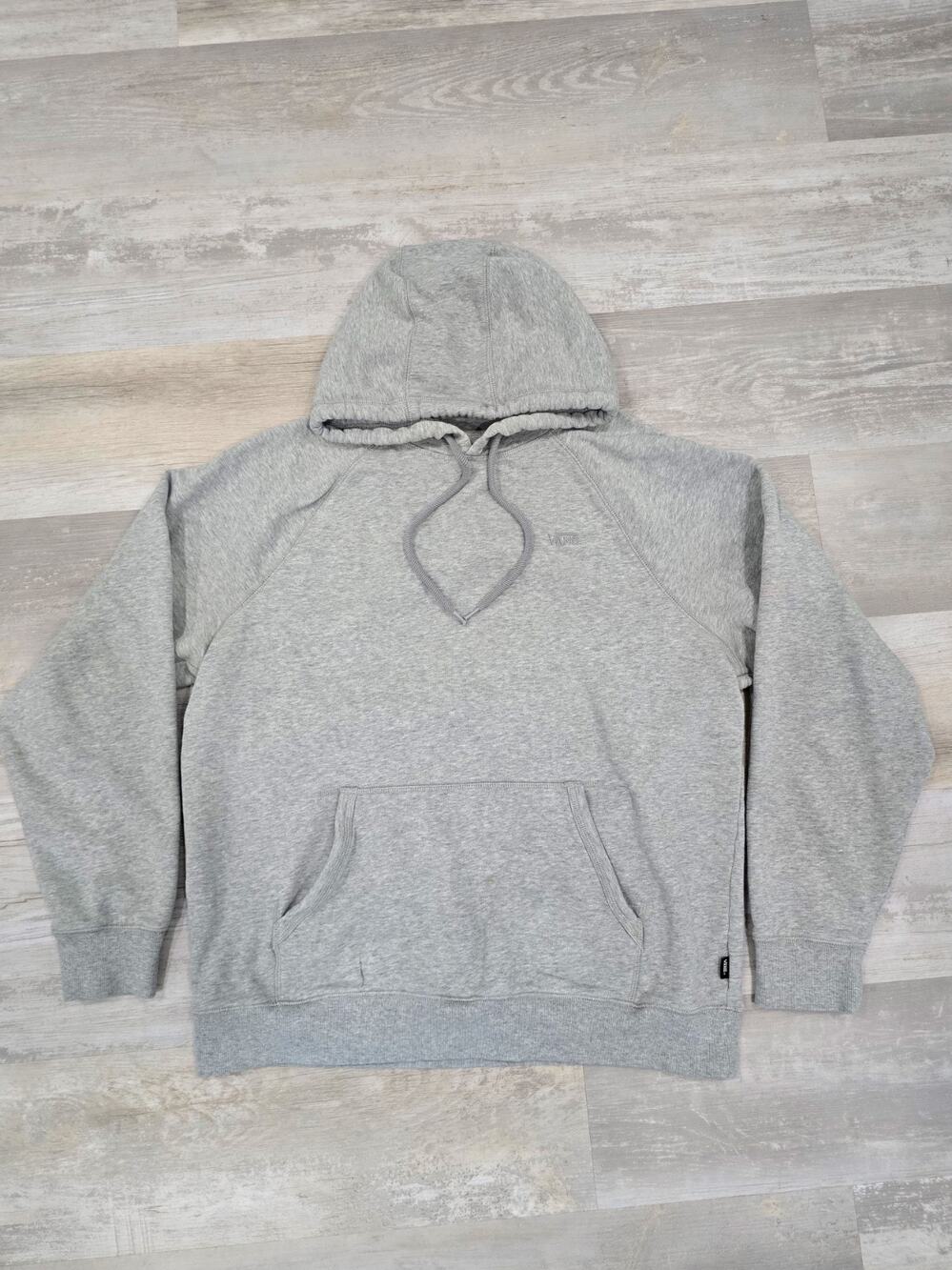 VANS Left Chest Logo Pullover Hoodie Mens XL Gray Raglan Hidden Stash Pocket